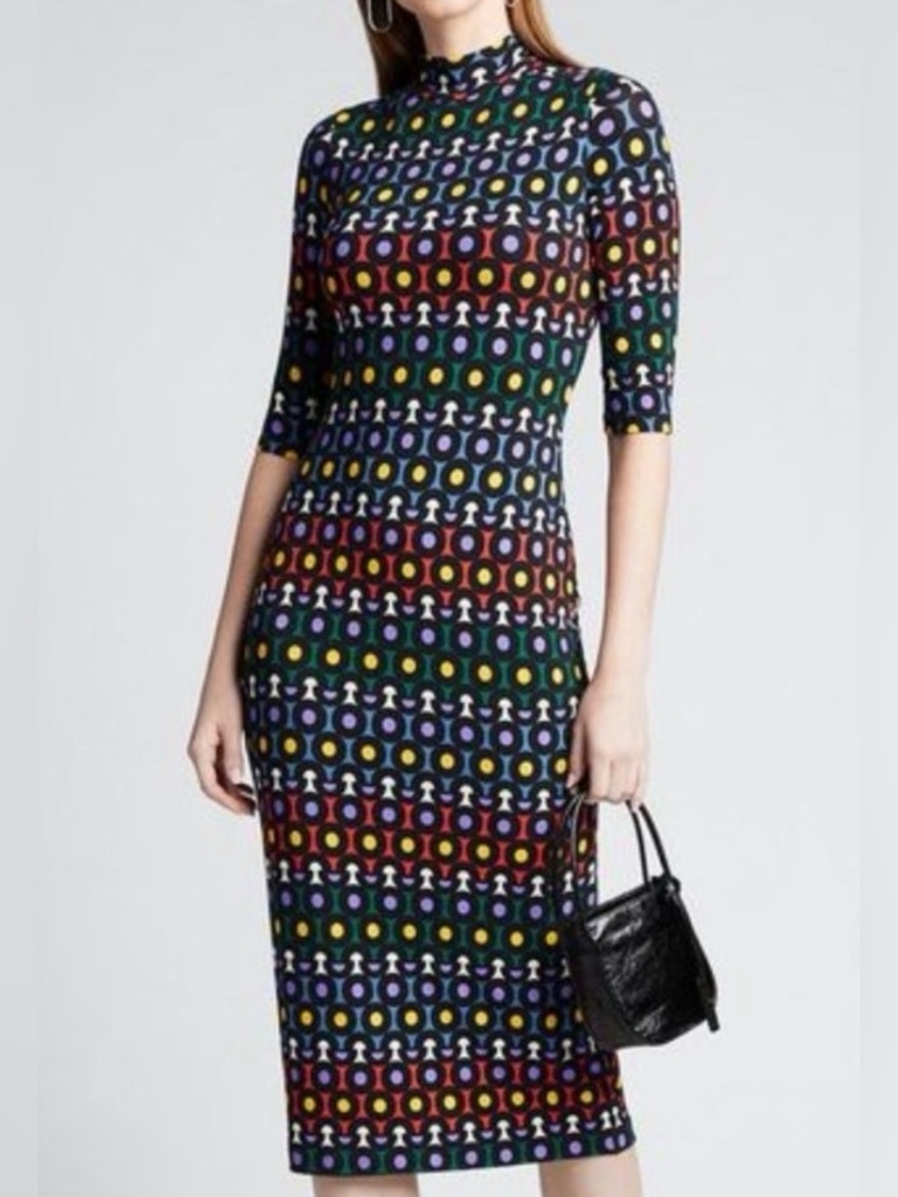 Alice + Olivia Delora Rainbow Dot Geometric Mock Neck Midi Dress - Size 10